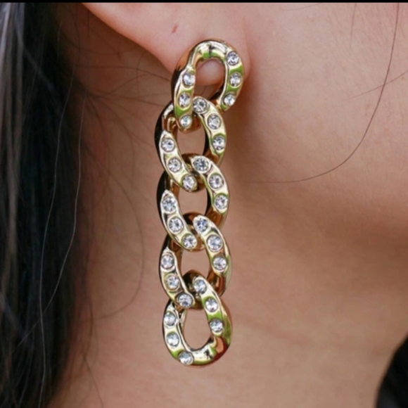 š„CHAIN LINK EARRINGS w/RHINESTONES LIGHTWEIGHT - Picture 5 of 6